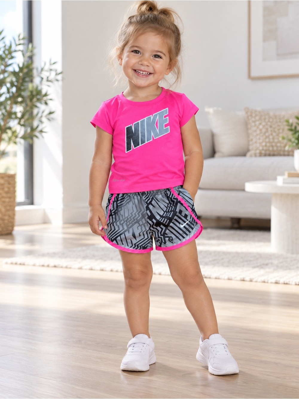 Nike Girls Hot Pink Logo Tee with Gray Patterned Shorts
